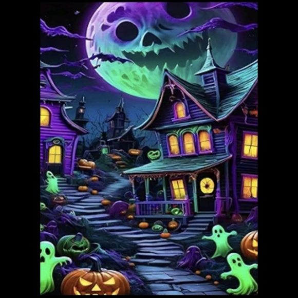 None Other - Halloween Creepy Moon Haunted House 5D Diamond Painting Kit New